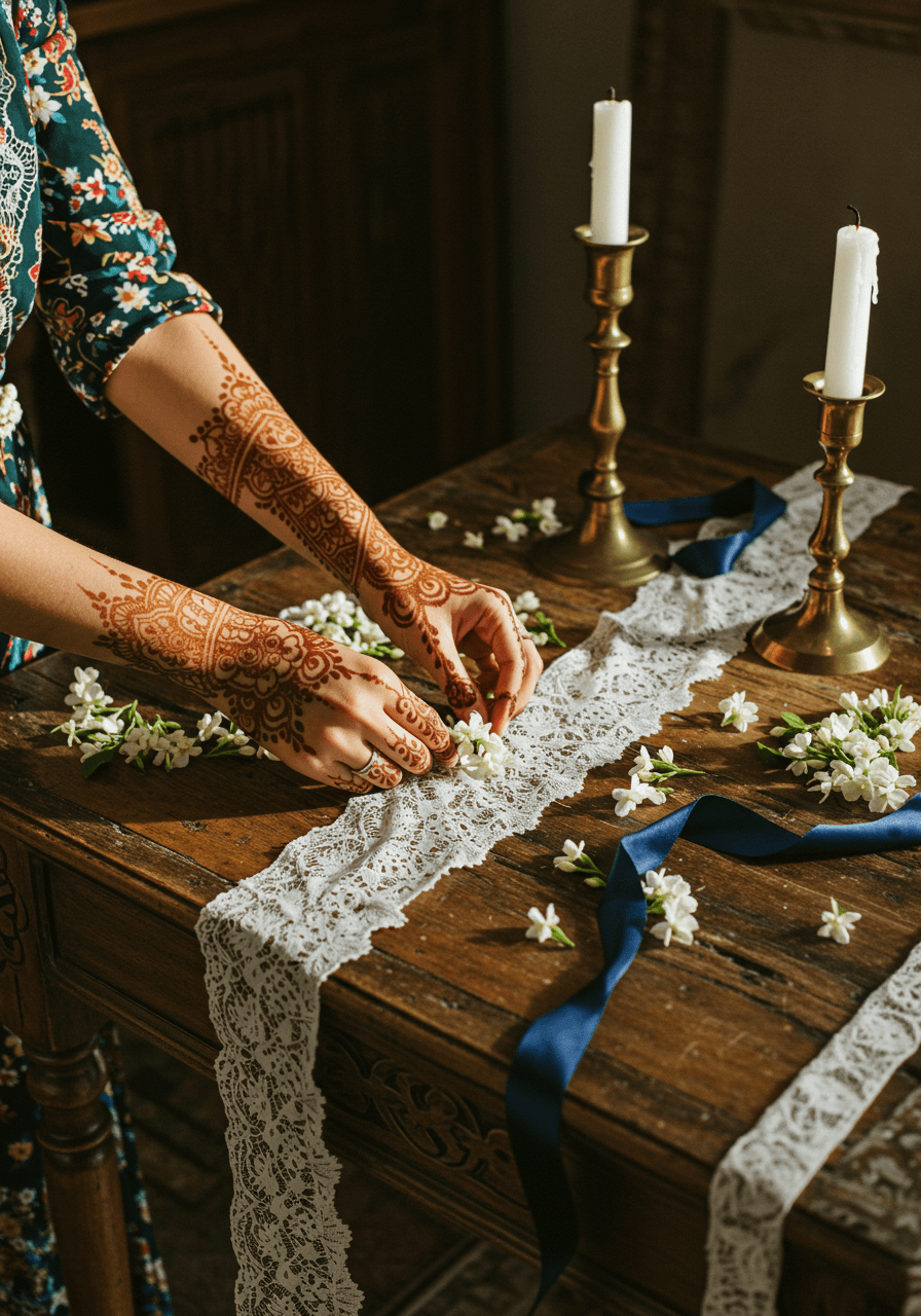 Artistic arrangement of henna patterns, vintage lace, jasmine flowers and brass candlesticks on aged wood surface