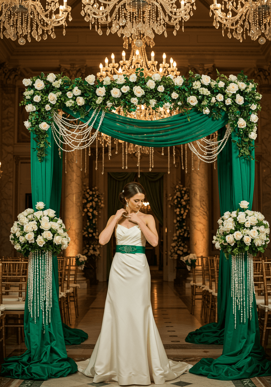Elegant bride beside ornate wedding altar adorned with jade-colored draping and cascading pearl strands in luxurious ballroom