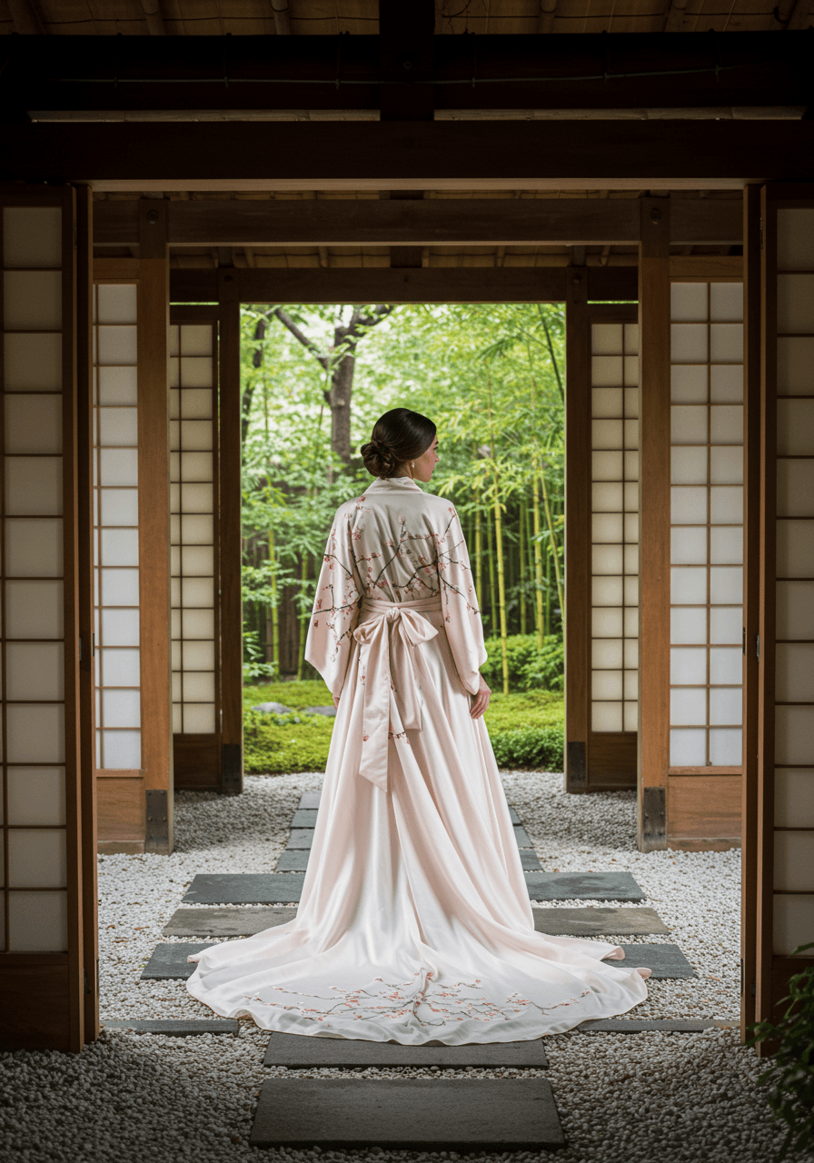 Elegant bride in flowing silk kimono wedding dress with wide obi sash in minimalist Japanese garden pavilion
