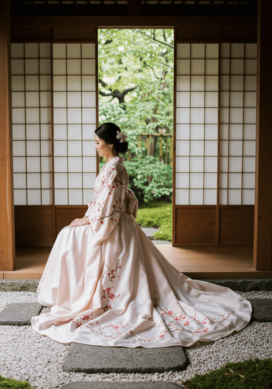 Graceful kimono bride kneeling in traditional pose within shoji screen pavilion surrounded by bamboo elements