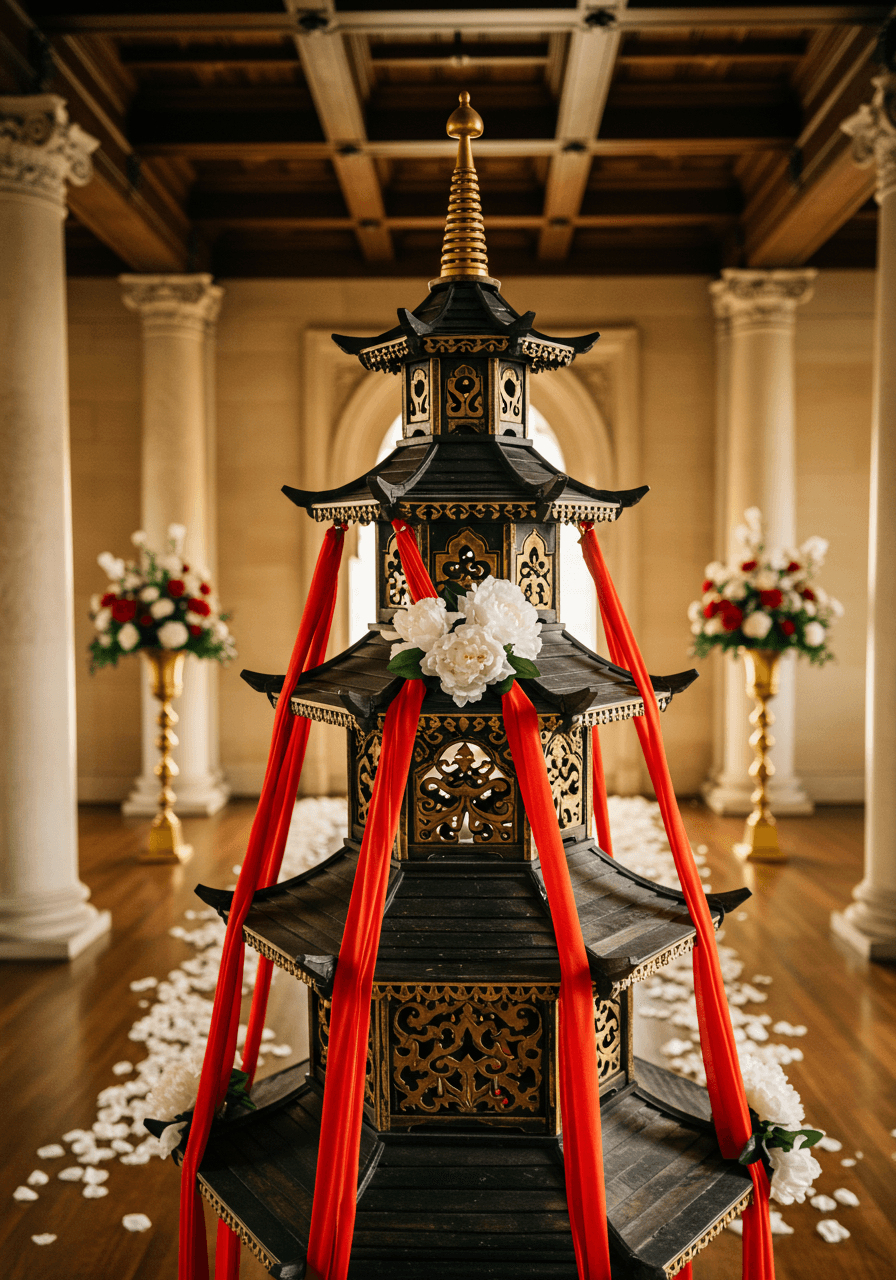 Close-up view of pagoda ceremony setup in elegant mansion hall showing detailed woodwork and red silk ribbon decorations