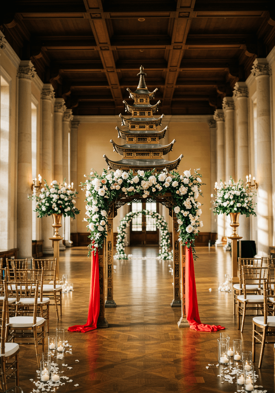 Traditional pagoda wedding arch with white peonies in historic mansion main hall with mahogany beams and marble columns