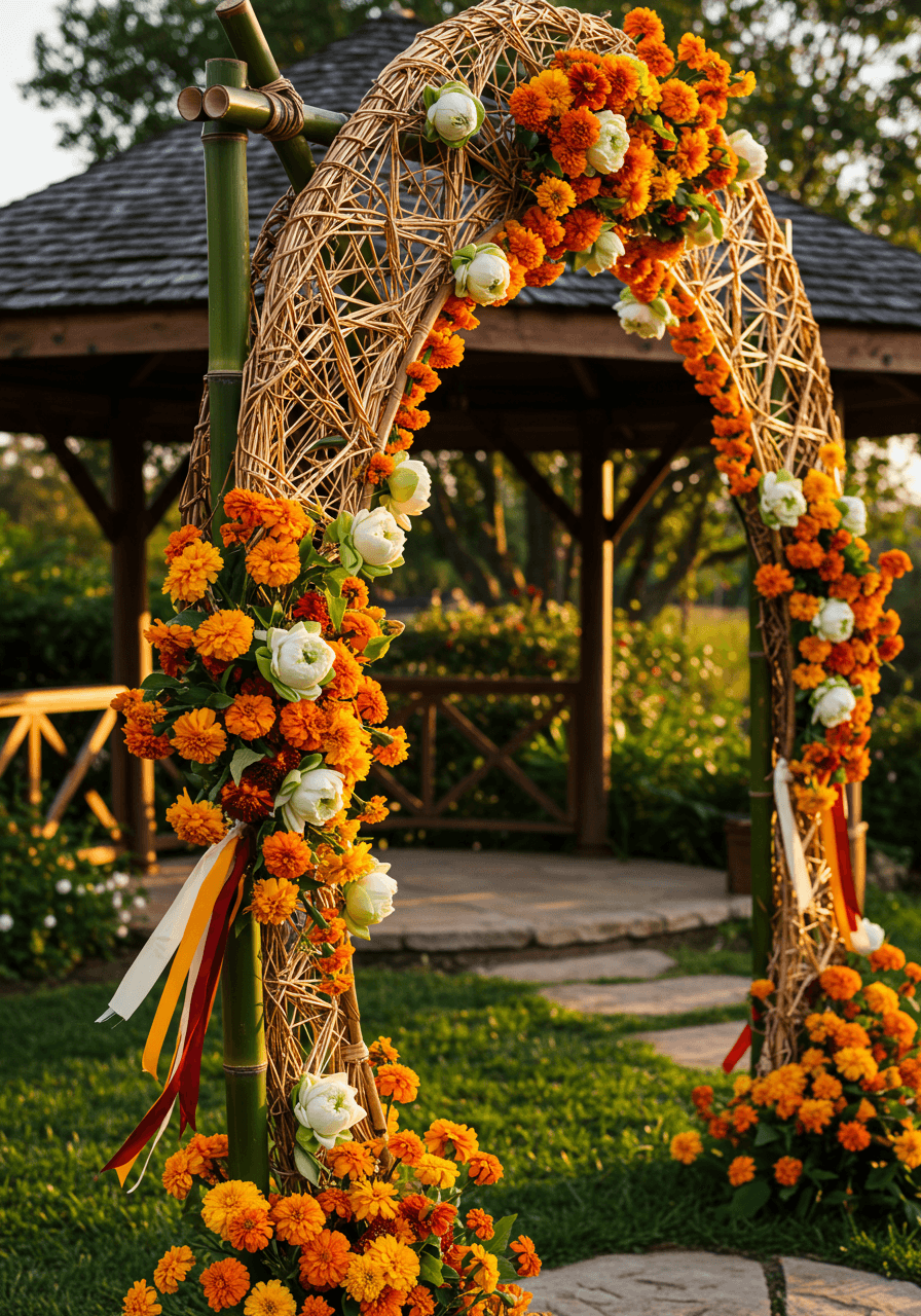 Stunning mandala-inspired bamboo wedding arch adorned with cascading orange marigolds and white lotus flowers in garden pavilion