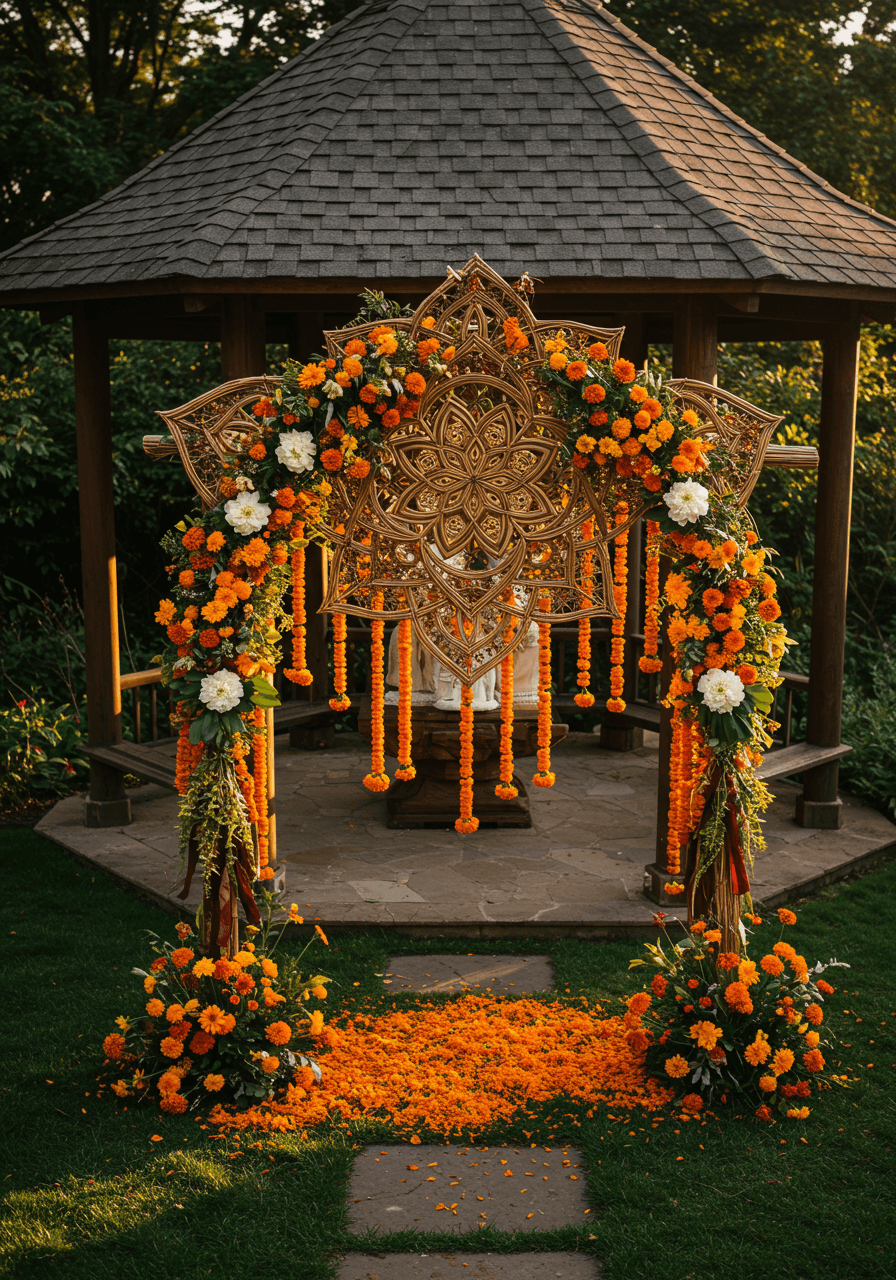Close-up detail of bamboo and marigold mandala wedding arch with prayer flags and stone pathway visible