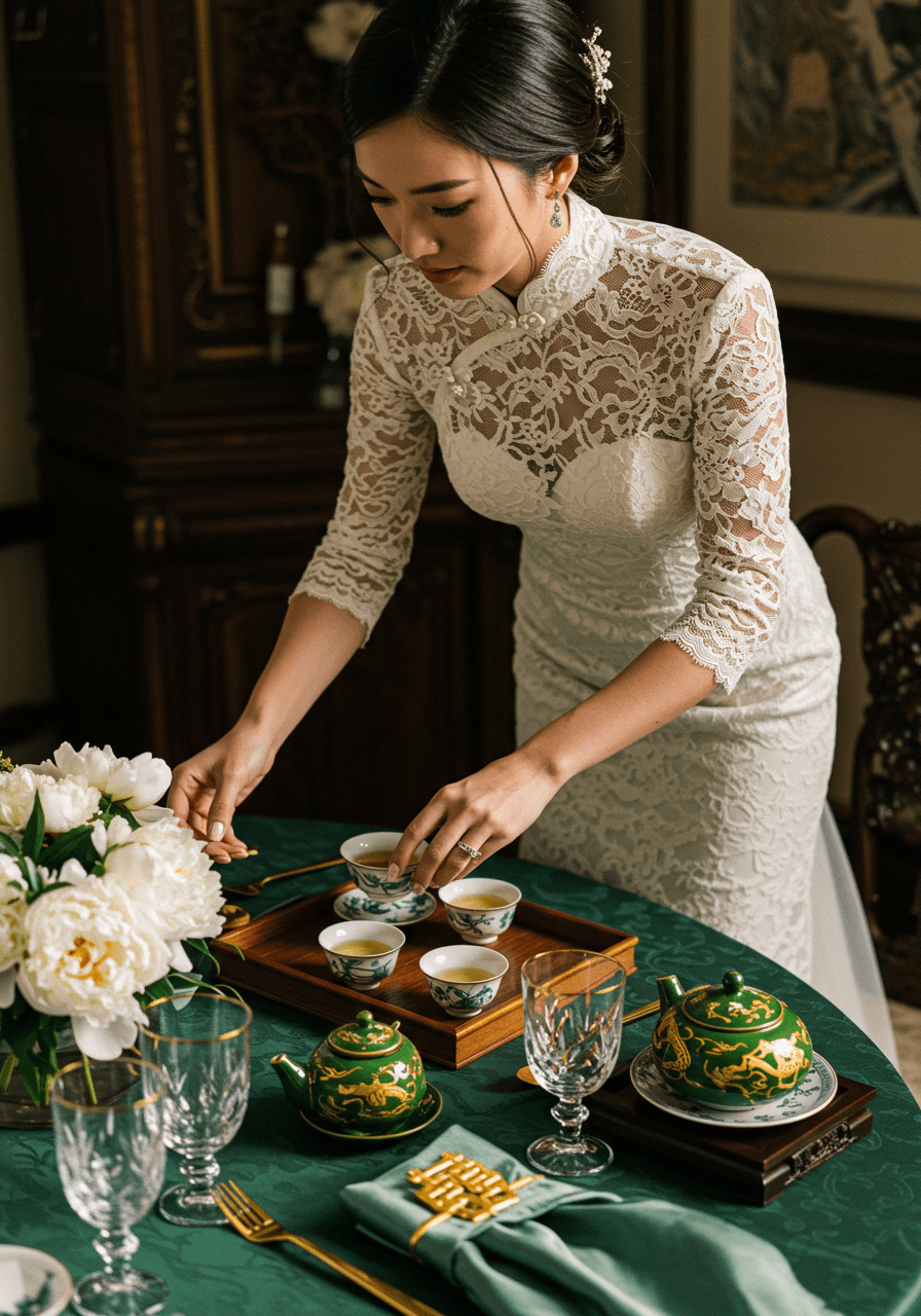 Detailed view of tea ceremony with qipao bride showing jade green and ivory silk fabrics with gold dragon embroidery