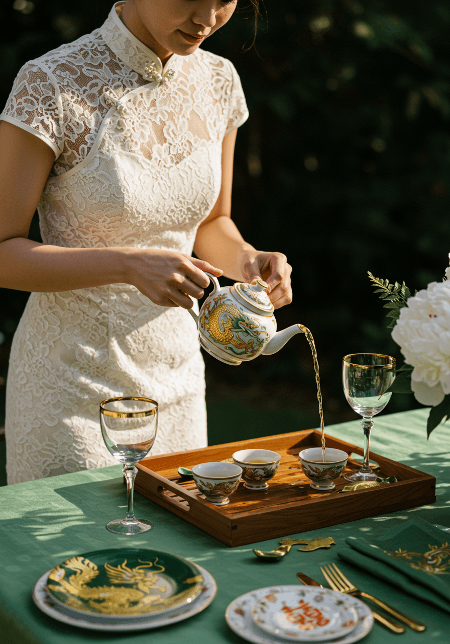Bride in modern qipao wedding dress with lace details performing traditional tea pouring ceremony during golden hour
