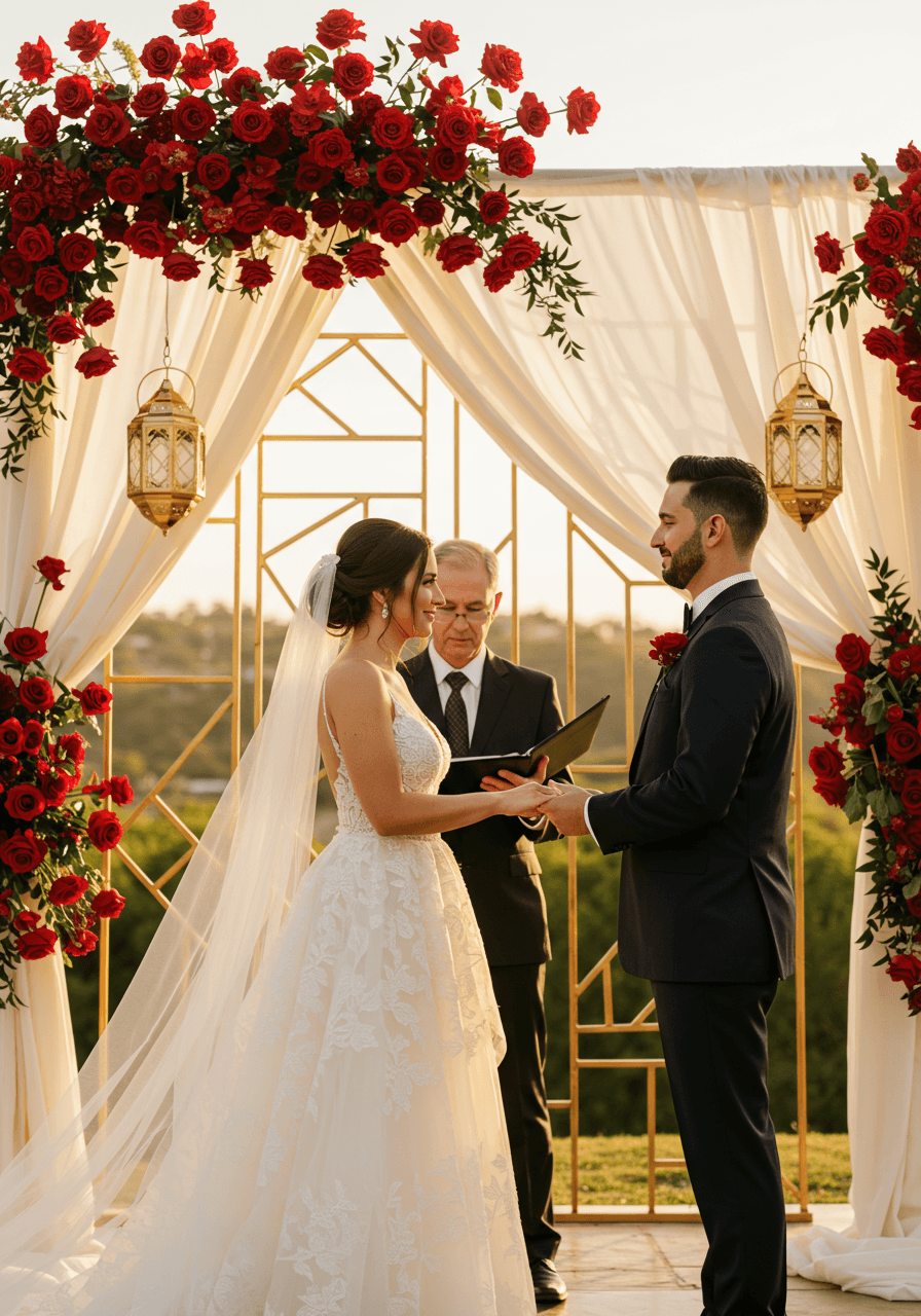 Romantic outdoor ceremony with altar decorated in red roses, gold geometric panels and flowing ivory draping