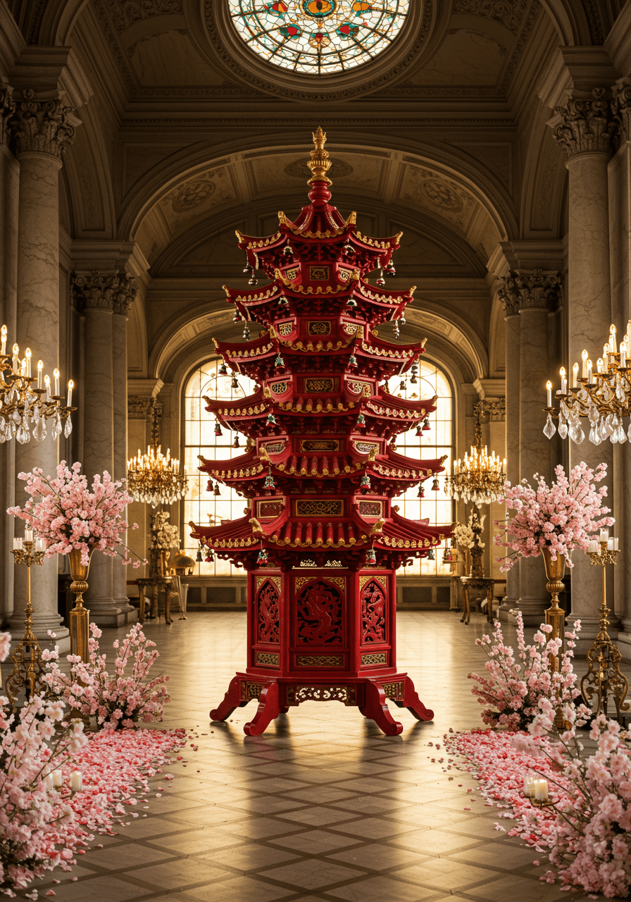Magnificent red and gold multi-tiered pagoda wedding arch in grand European palace ballroom with crystal chandeliers and marble columns