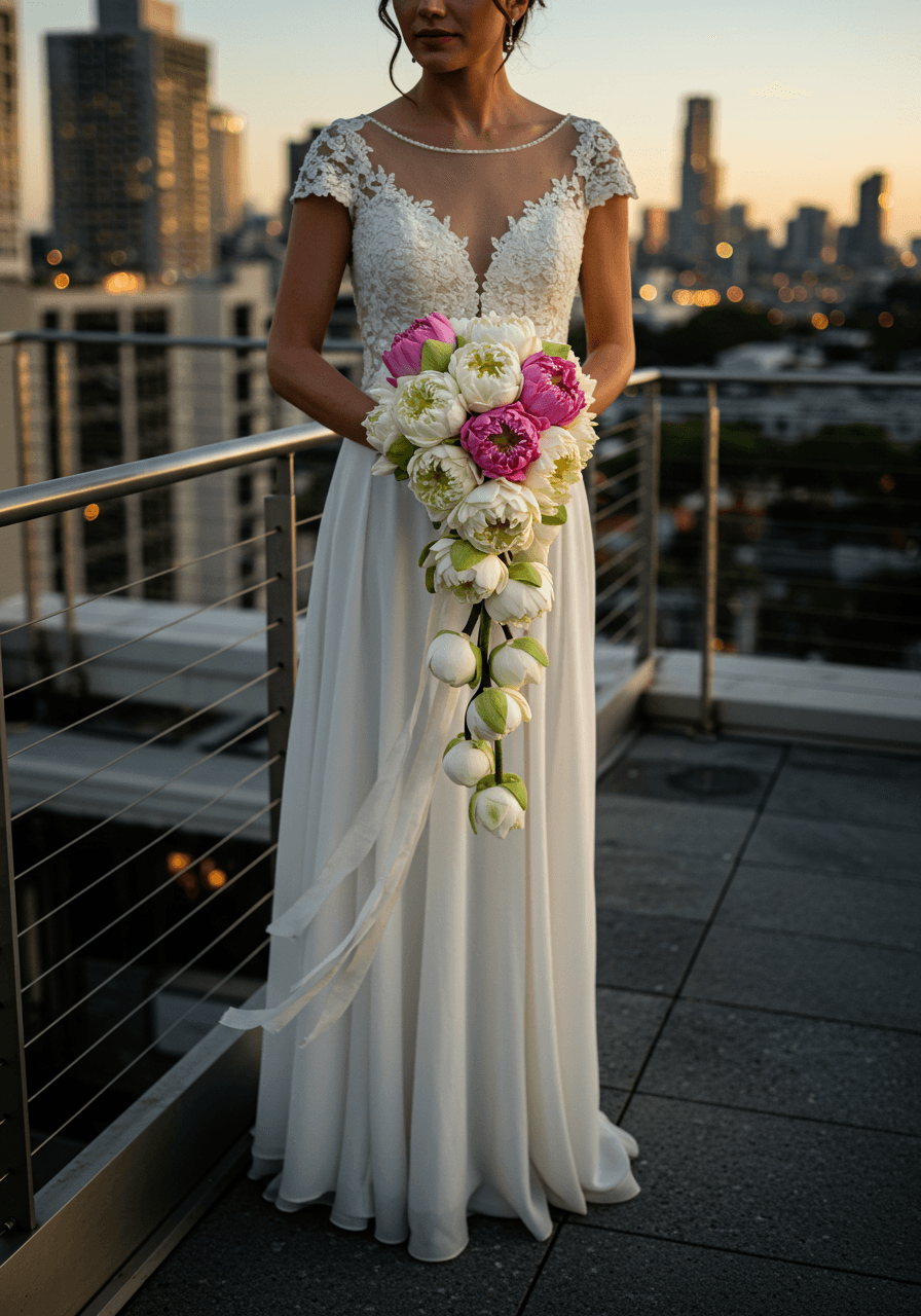 Romantic bride holding cascading white and pink lotus bouquet on modern rooftop terrace overlooking city skyline at sunset