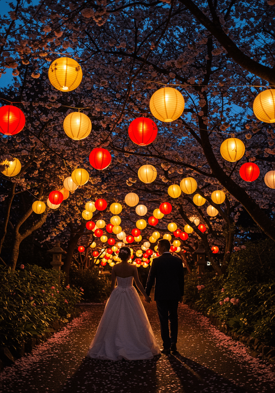 Silhouette of wedding couple on lantern-lit pathway with paper lanterns creating golden glow against evening sky