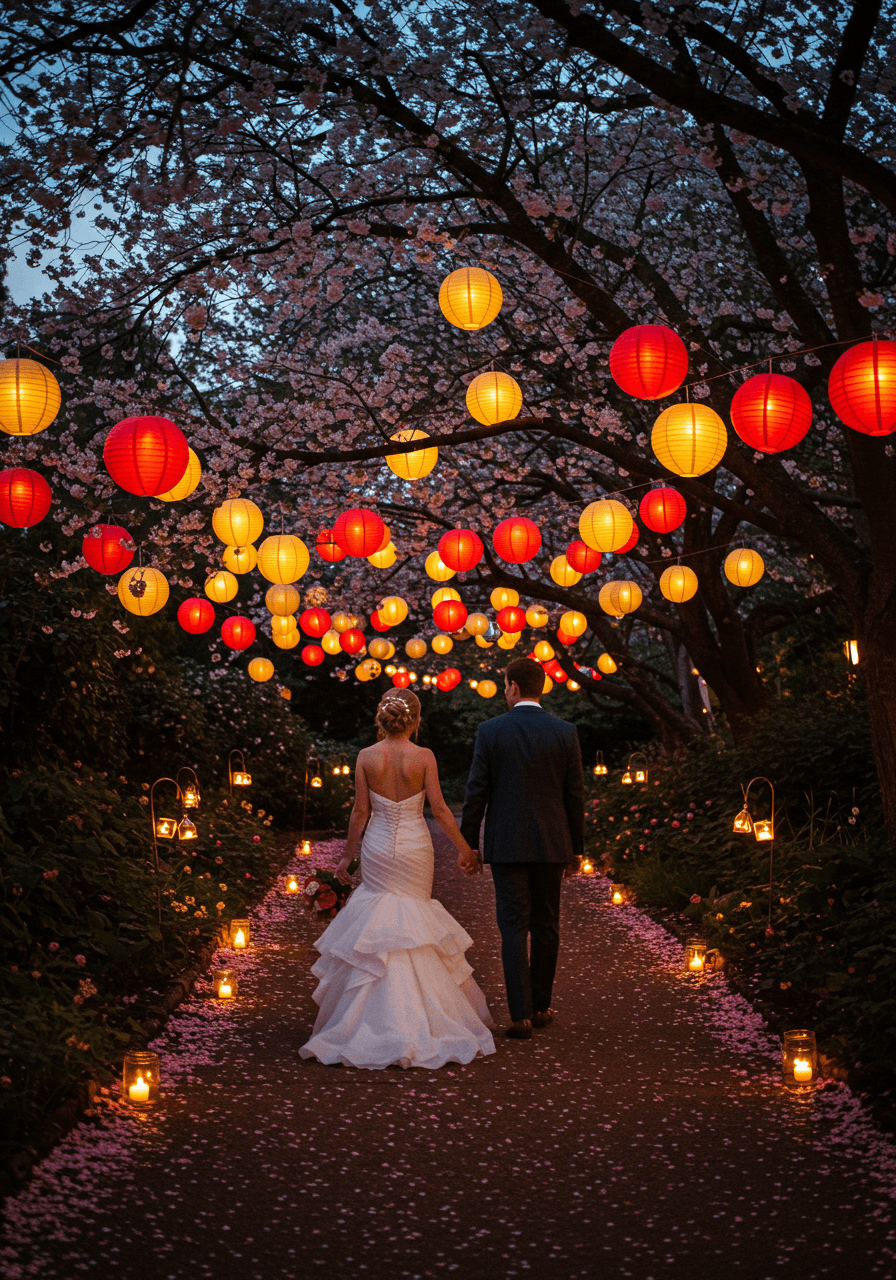 Romantic couple walking hand in hand through garden path illuminated by hundreds of hanging paper lanterns at twilight