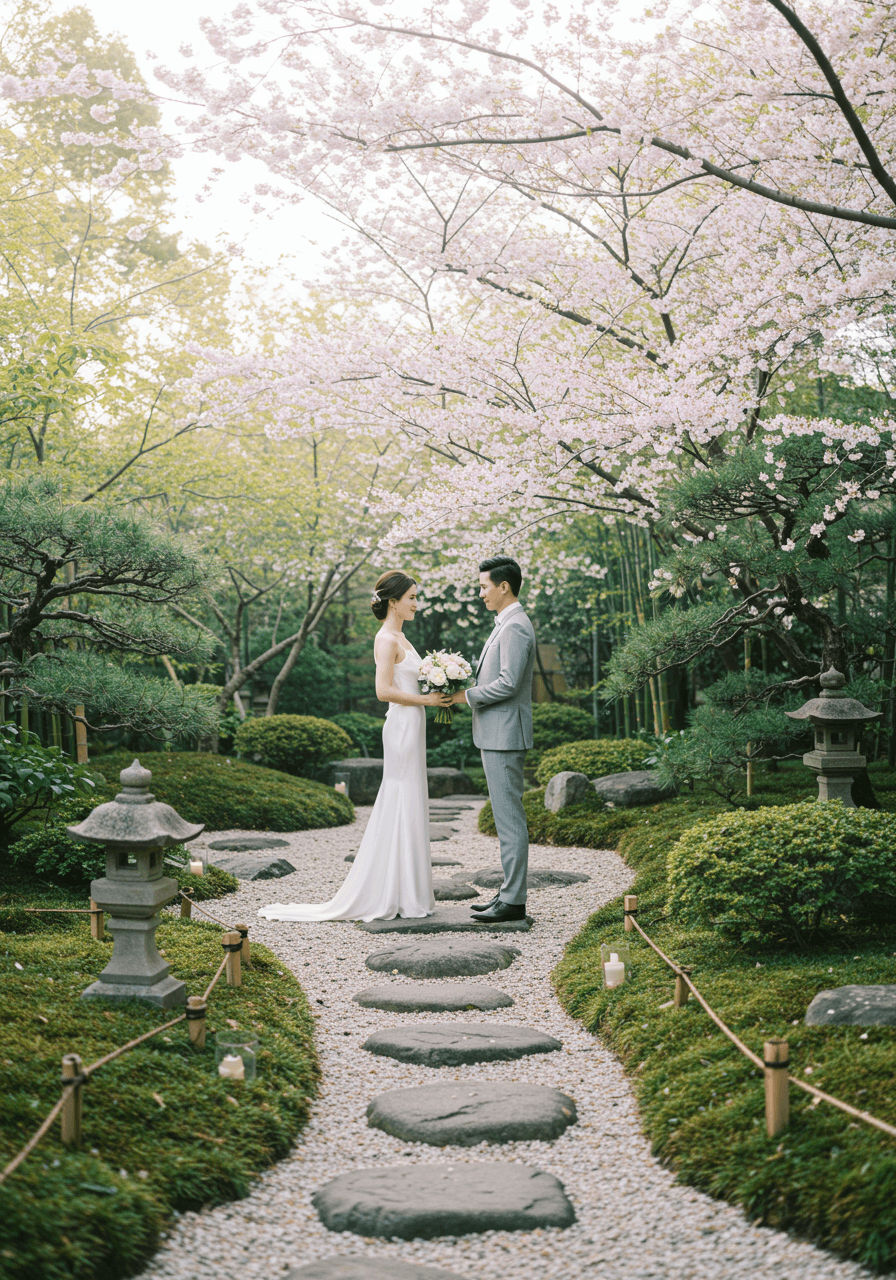 Minimalist couple in white and grey attire exchanging vows in serene Japanese garden with stone pathways and pruned trees