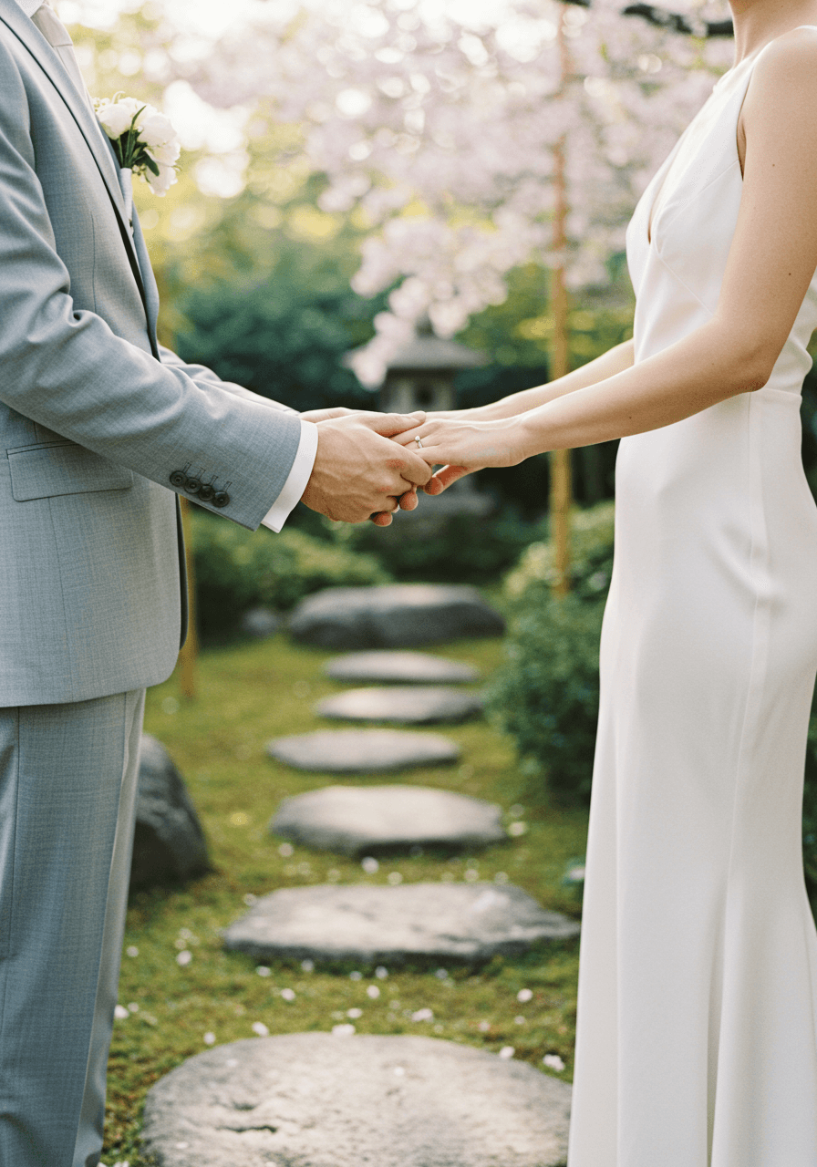 Close-up of couple's hands during Japanese garden wedding ceremony with cherry blossoms and bamboo elements