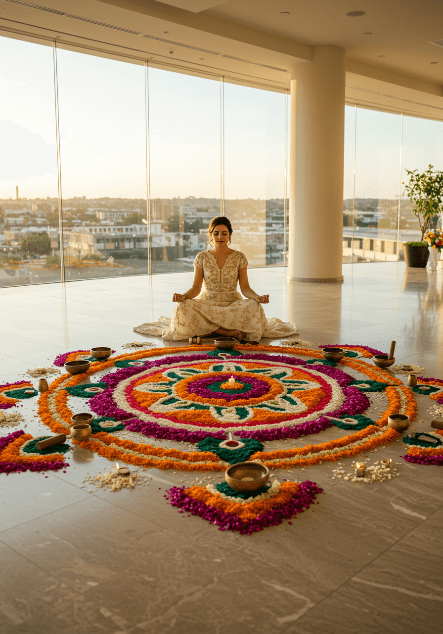 Serene bride in white gown sitting in meditation pose at centre of intricate mandala made from colourful flower petals and sand
