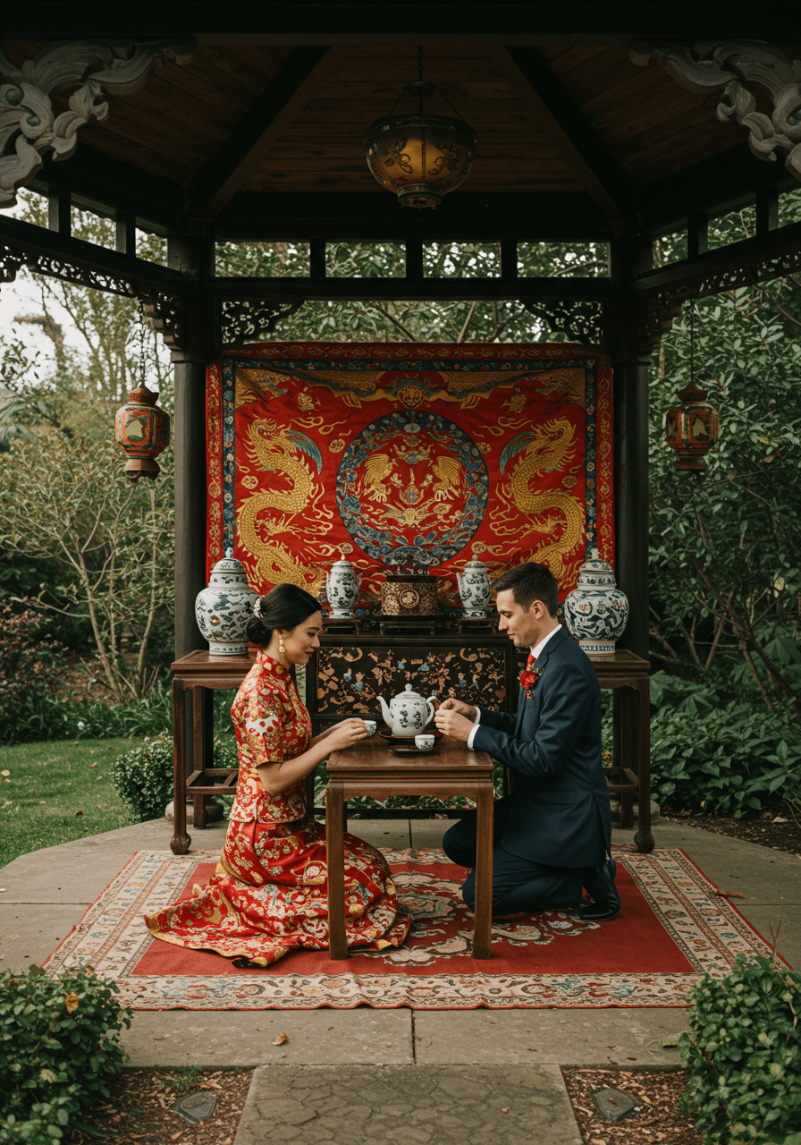 Couple performing traditional tea ceremony in ornate garden pavilion decorated with red and gold dragon and phoenix motifs