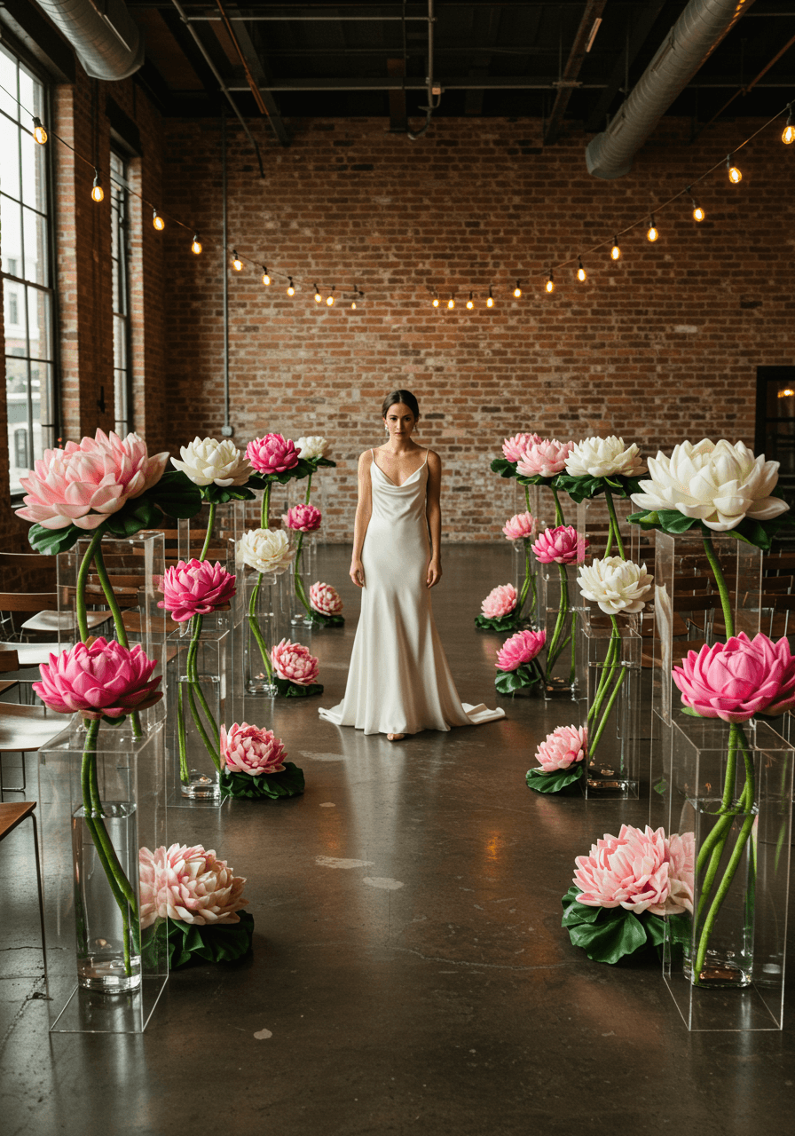Elegant bride pausing among tall lotus arrangements in modern loft ceremony space with Edison bulb lighting