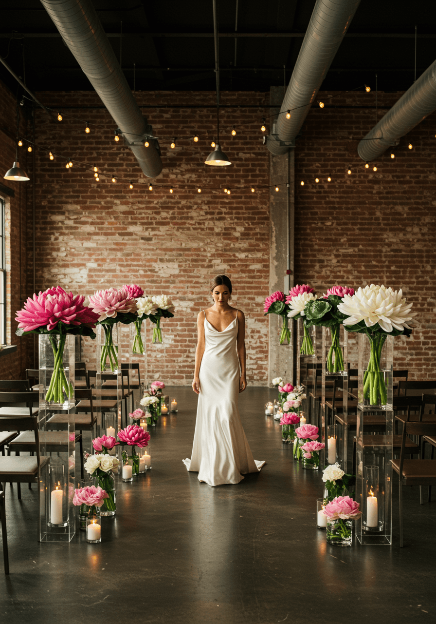 Bride walking down contemporary aisle lined with oversized lotus flower installations in urban loft with exposed brick walls