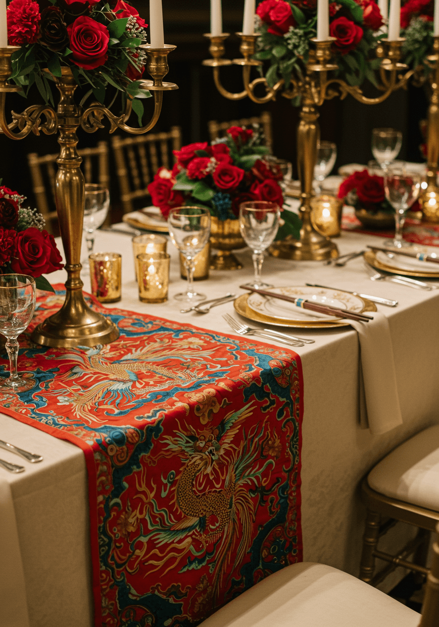 Elaborate wedding tablescape with vintage gold candelabras and red silk runners embroidered with dragon and phoenix patterns