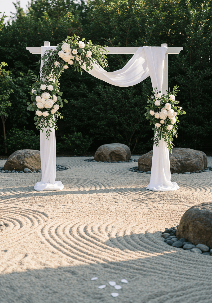 Minimalist white wedding arch with peonies and eucalyptus in zen rock garden with raked gravel patterns during golden hour