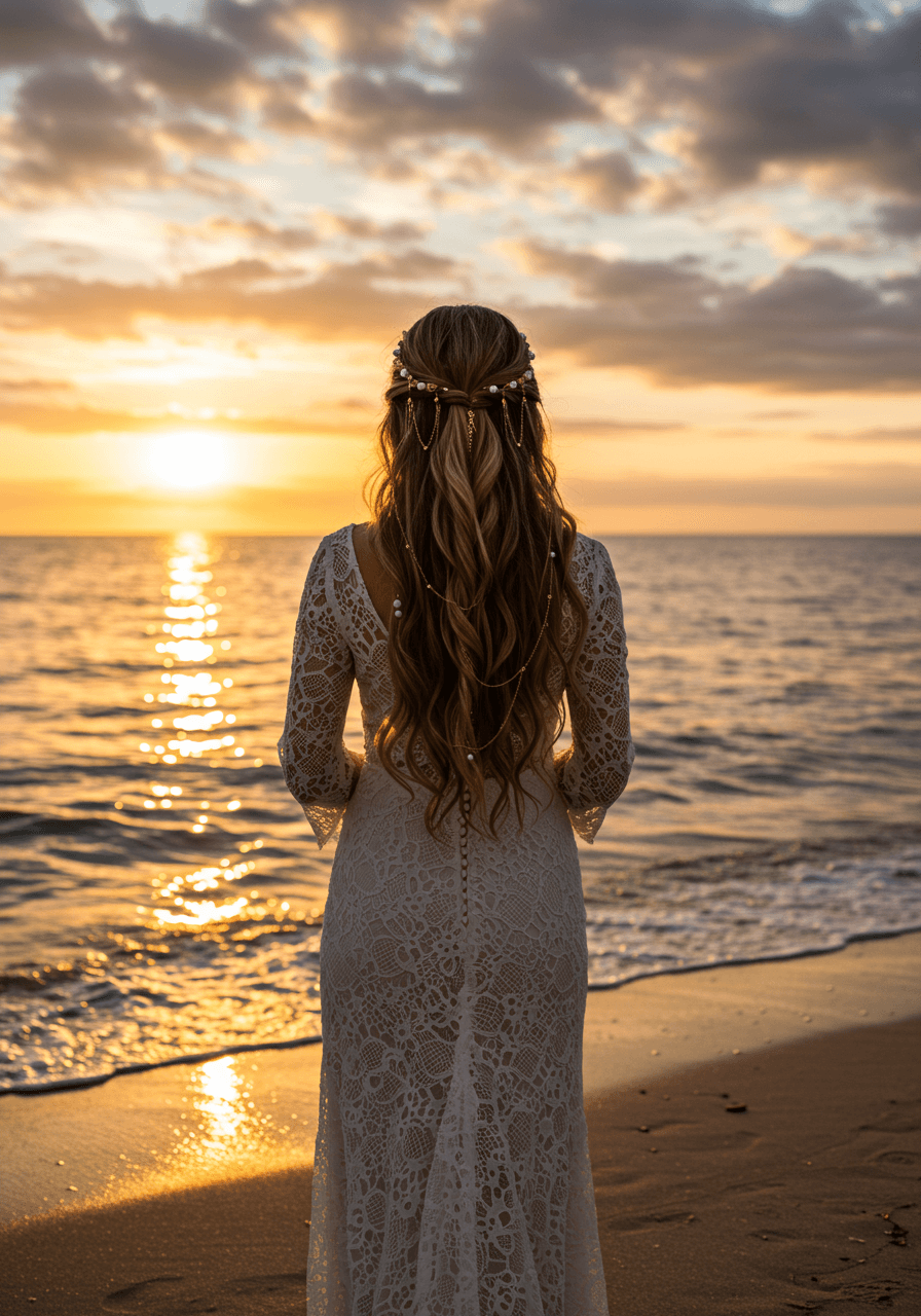 Wide silhouette of bride on beach with flowing dress and gold hair chain jewellery