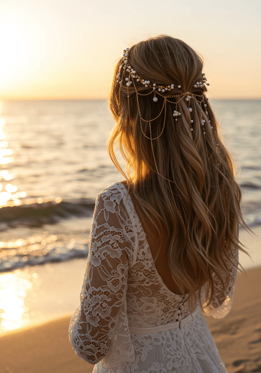 Bohemian beach bride with gold chain hair jewellery and flowing waves at golden hour