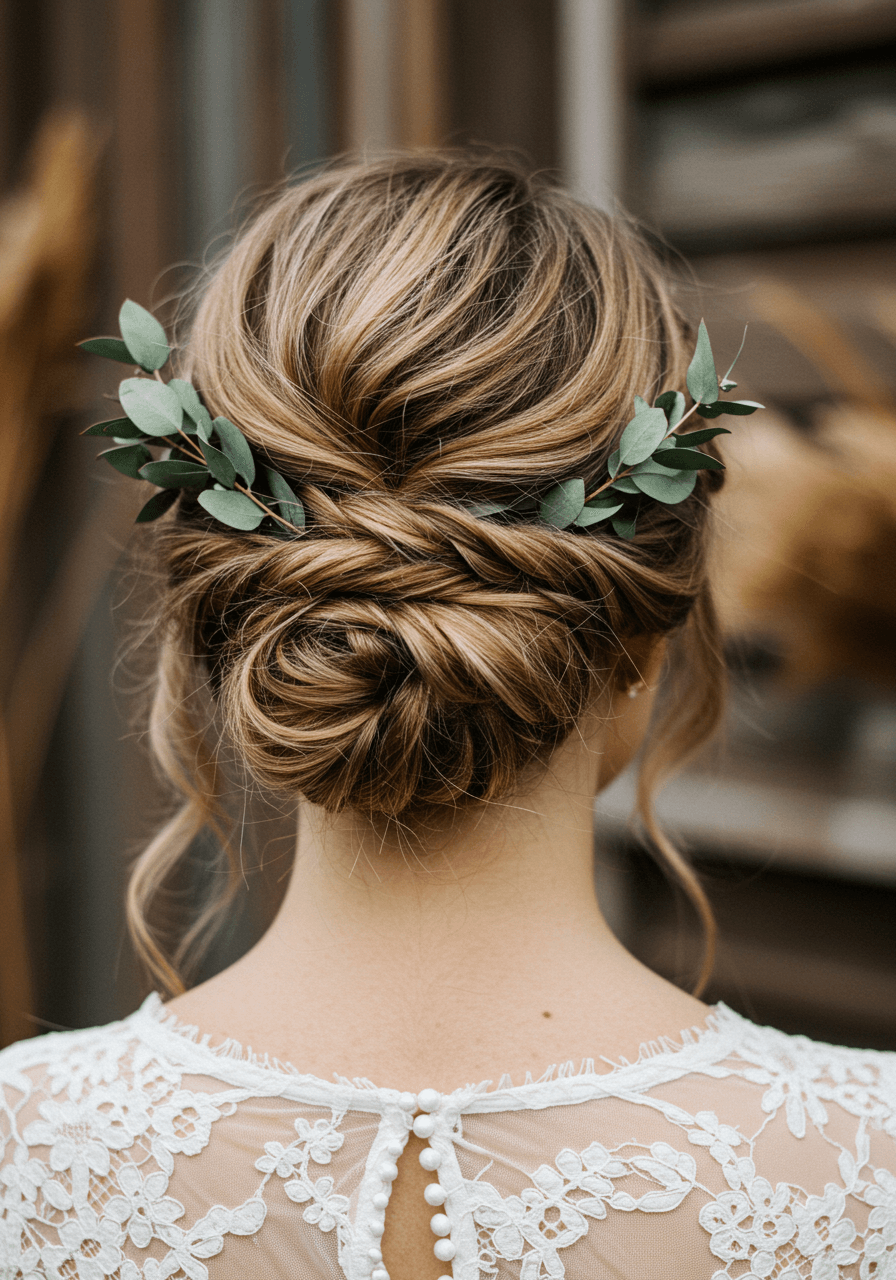 Close-up detail of loosely twisted chignon with eucalyptus accents in rustic outdoor setting