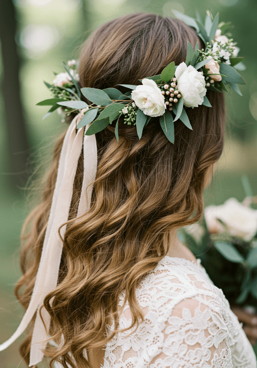 Close-up detail of bohemian wedding hairstyle with eucalyptus and white peony floral crown in woodland setting
