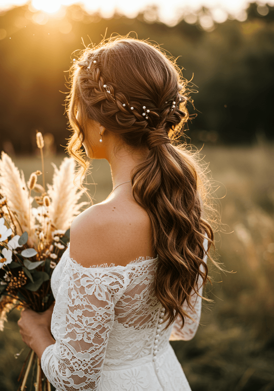 Profile view of bride with braided low ponytail and pearl accents in bohemian garden setting