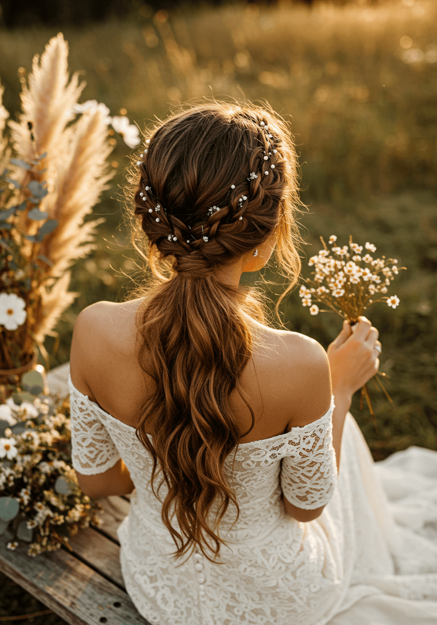 Bride seated on bench showing full view of braided ponytail with natural garden backdrop