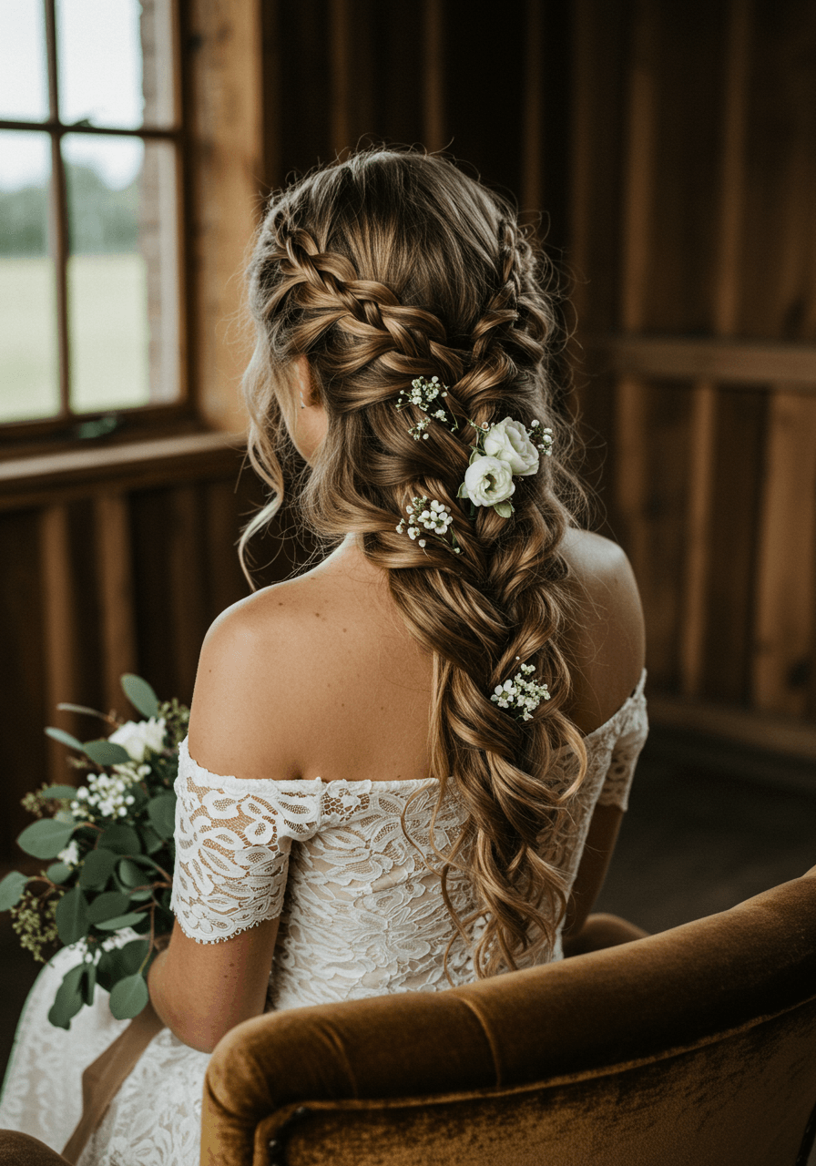Bohemian bride with elaborate textured side braids sitting on vintage velvet chair in rustic barn