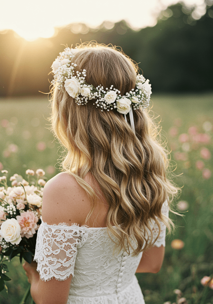 Bohemian bride with flowing waves and white rose floral crown standing in golden meadow sunlight