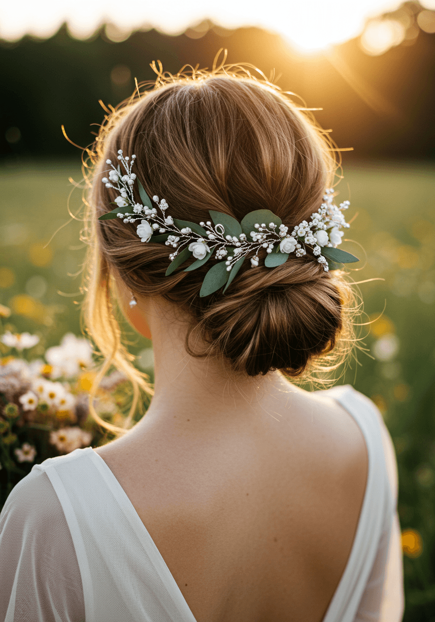 Three-quarter view of bride showing silver hair vine details against natural meadow backdrop