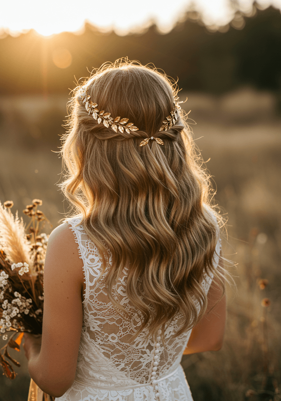 Bride with soft vintage waves and gold leaf hair accessories in bohemian garden setting