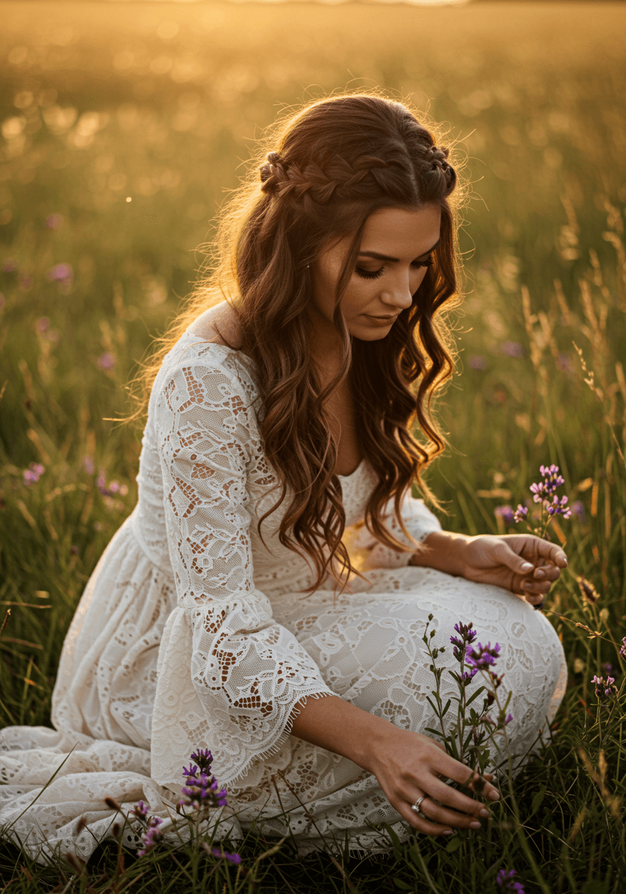 Bride crouched in wildflower meadow showing crown braid details and flowing dress movement