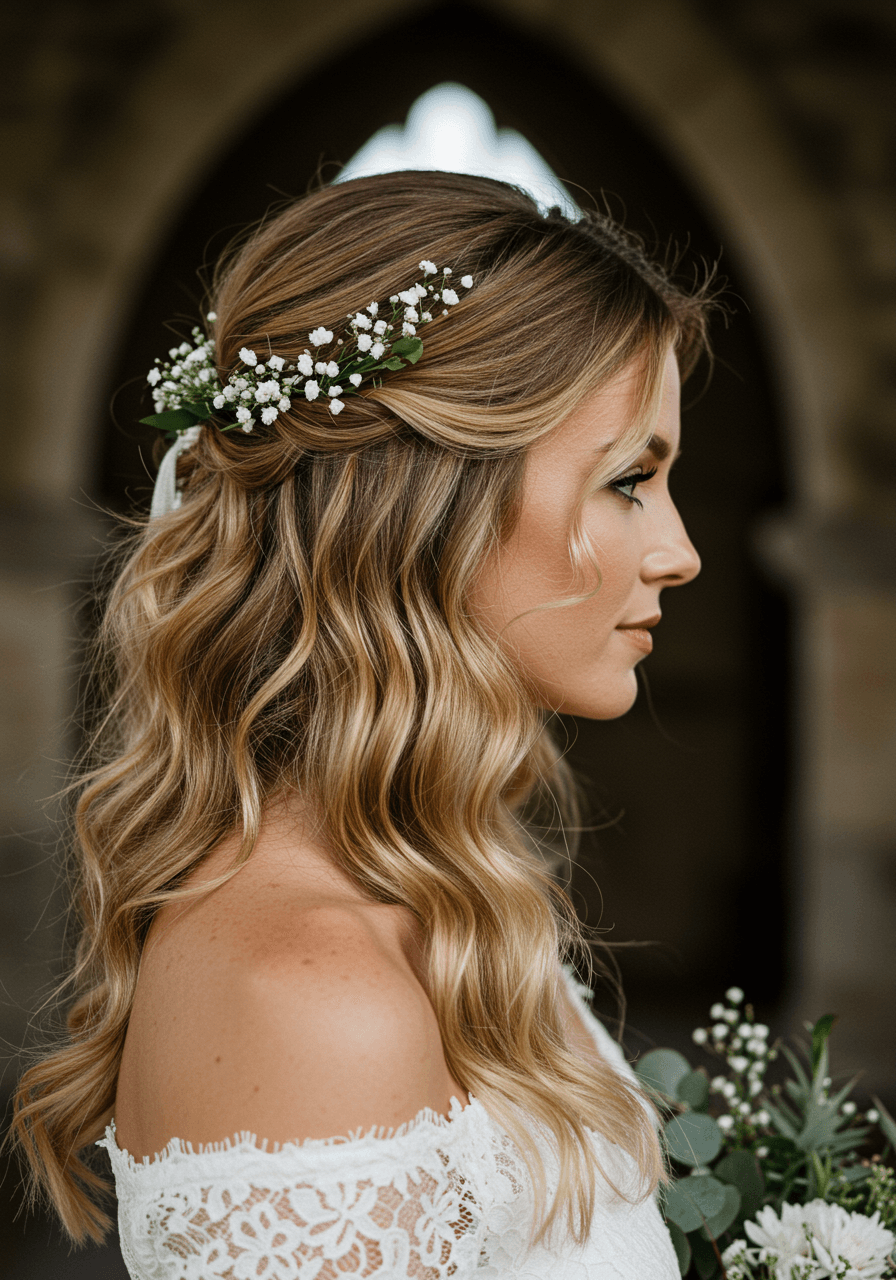 Side profile of bride with cascading curls and baby's breath in rustic chapel setting