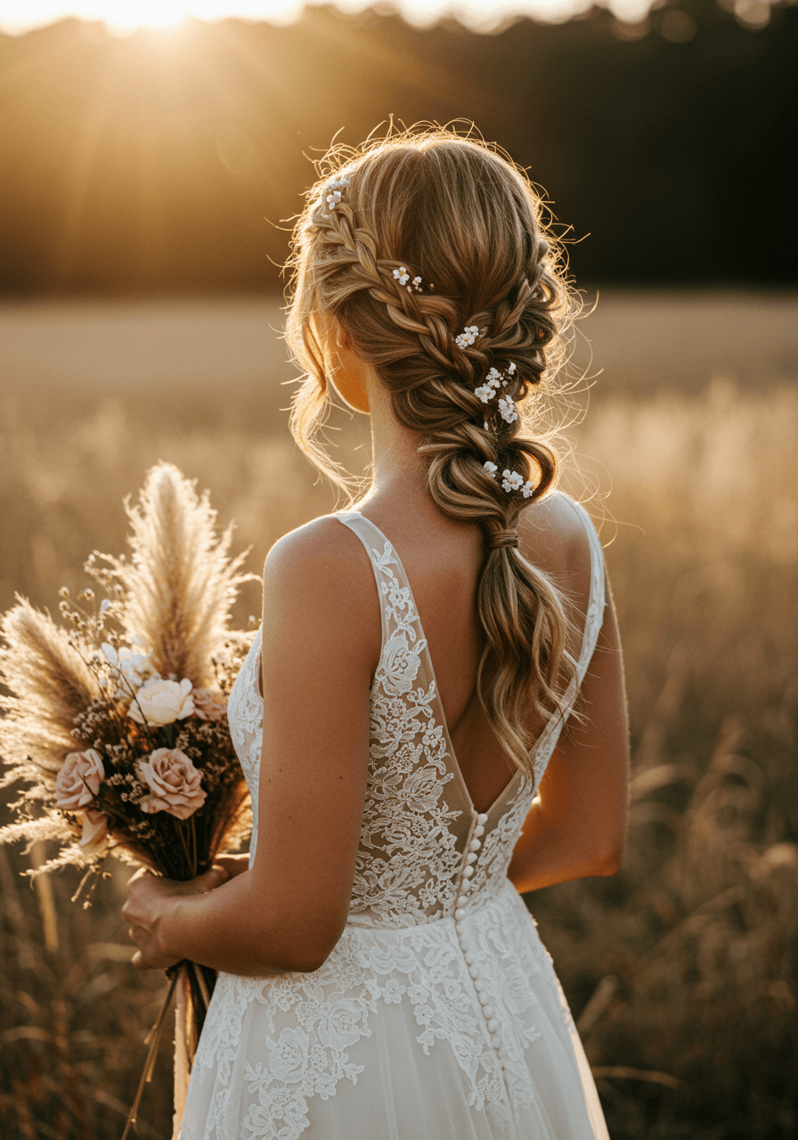 Free-spirited bride with textured low ponytail and bohemian braided accents in sunlit meadow