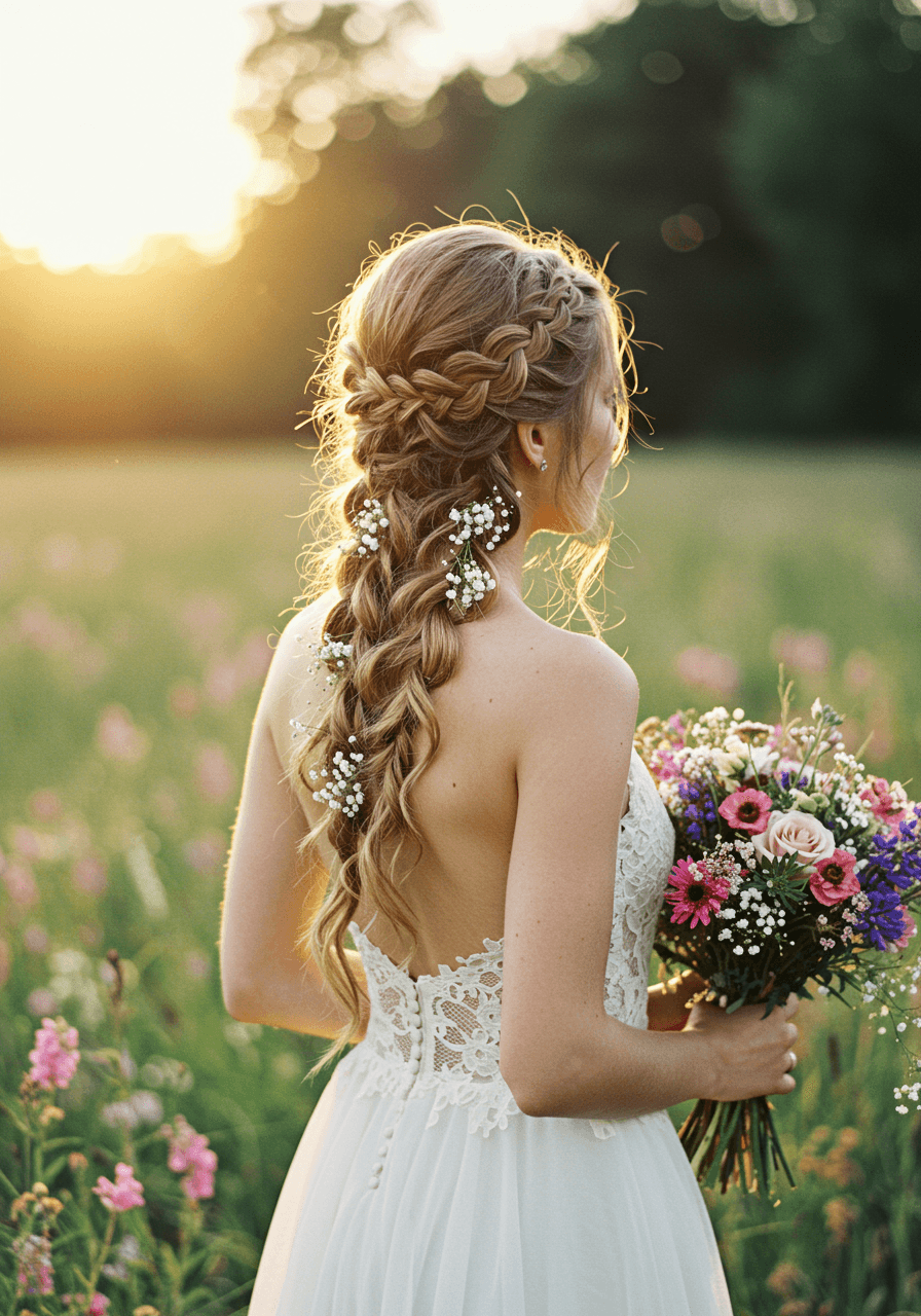 Free-spirited bride with textured side braids and loose tendrils in wildflower meadow during golden hour