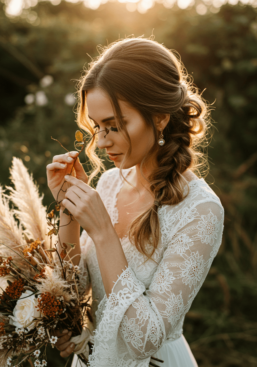 Bride adjusting tousled updo showing natural movement and organic garden backdrop