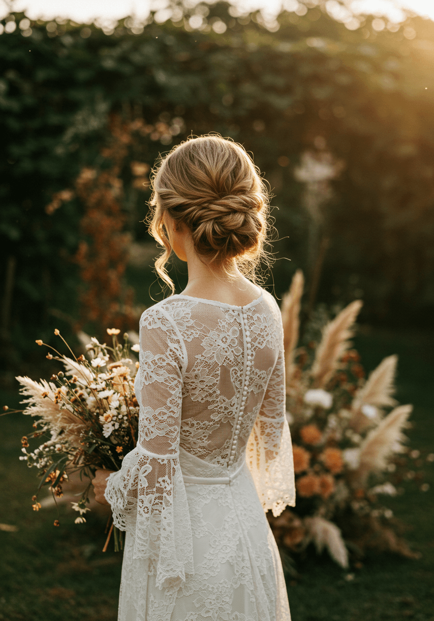 Bride with intentionally tousled updo in sun-drenched bohemian garden setting