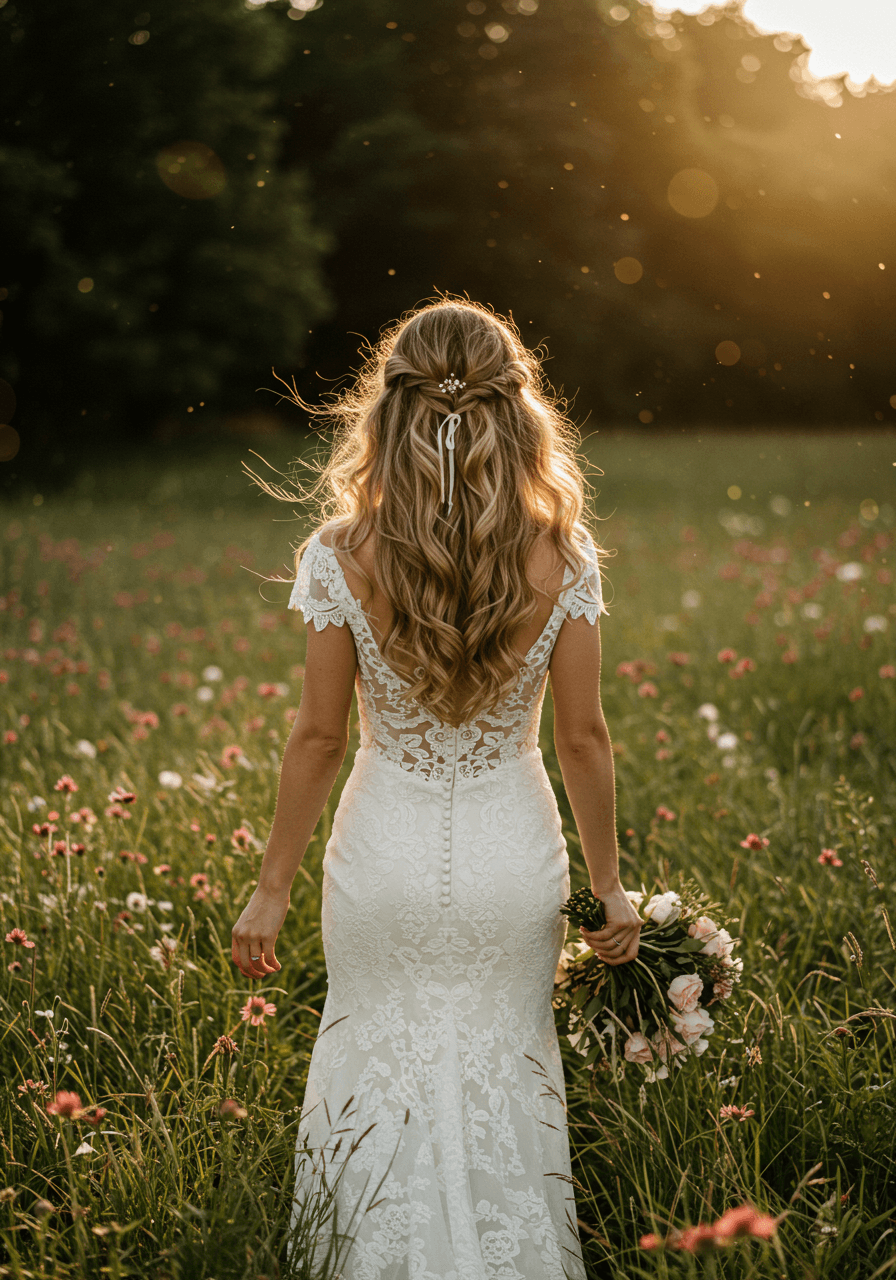 Bride walking through meadow showing natural movement of side-swept curls