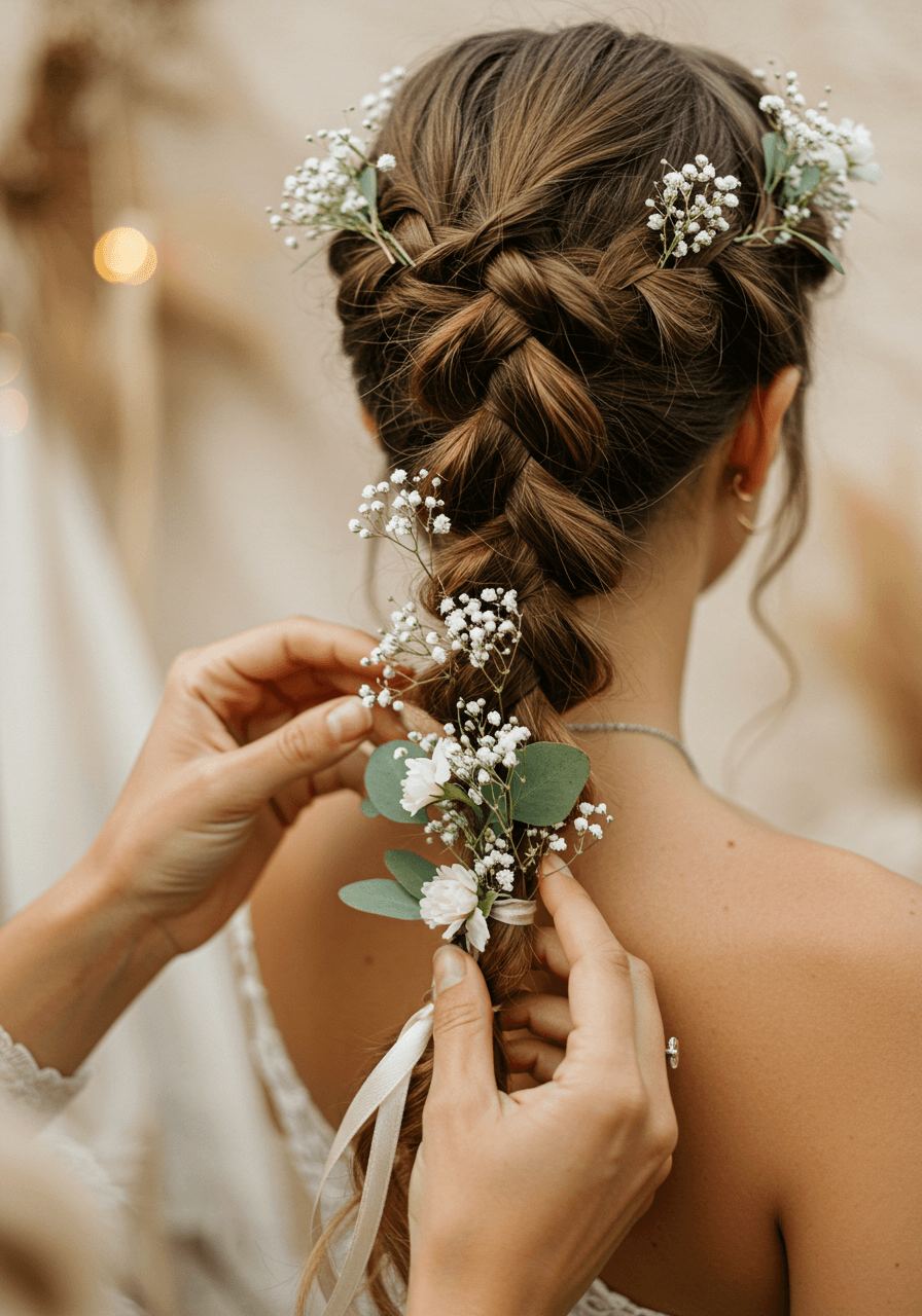 Close-up of hands gently touching romantic fishtail braids with white flowers and cream ribbons