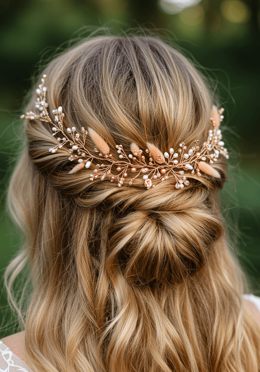 Close-up detail of rose gold hair vine with pearls and dried florals in tousled bridal bun