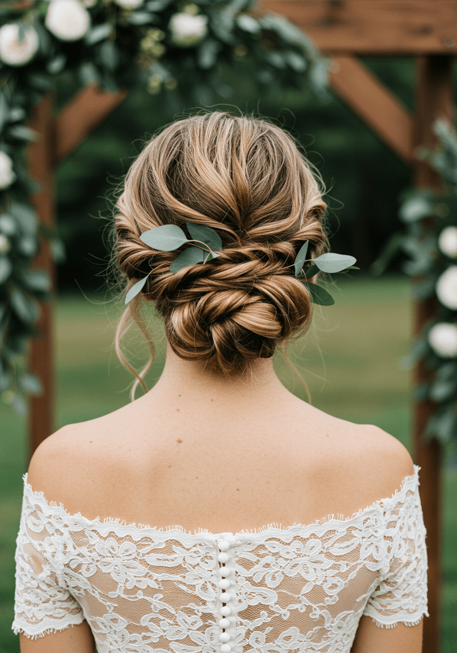 Back view of bride's loose chignon with wispy tendrils in rustic ceremony space with eucalyptus