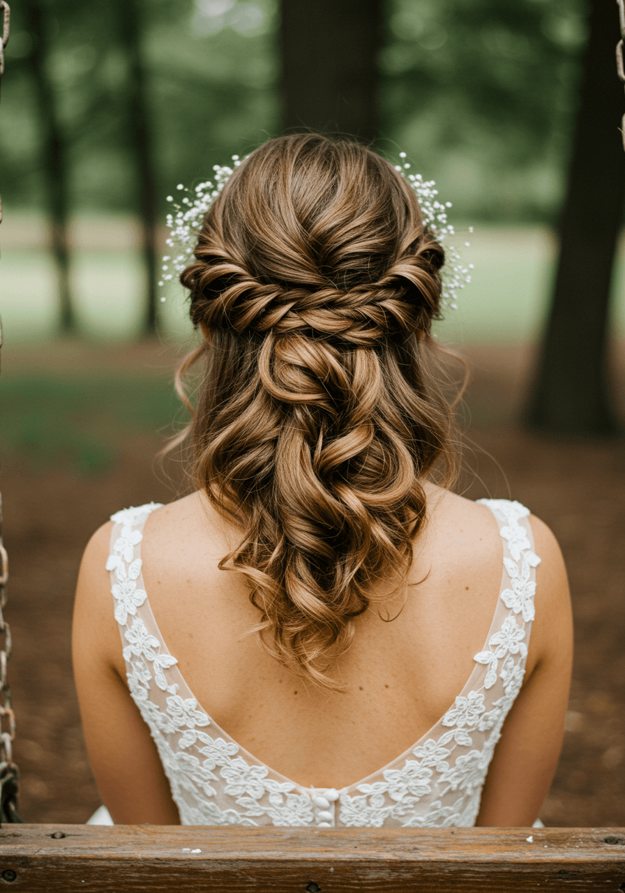 Back view of bride's half-up twisted hairstyle with textured volume on vintage wooden swing
