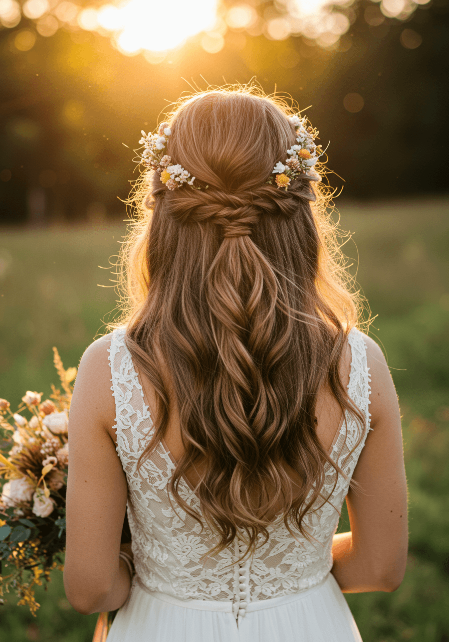 Three-quarter portrait of bride showing flowing bohemian dress with twisted hairstyle details