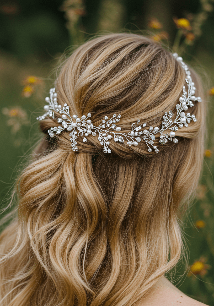 Close-up of sun-kissed beach waves with silver vine hair jewellery featuring crystals and pearls