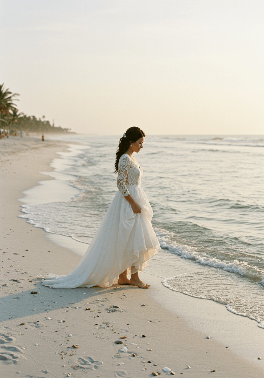 Barefoot bride in flowing white gown walking along pristine beach at sunrise with gentle waves