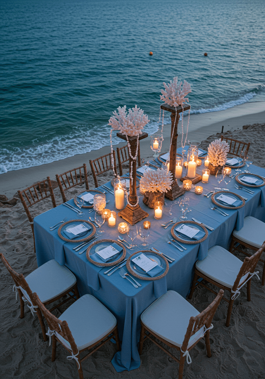 Aerial view of romantic beach wedding reception table setting with ocean horizon backdrop