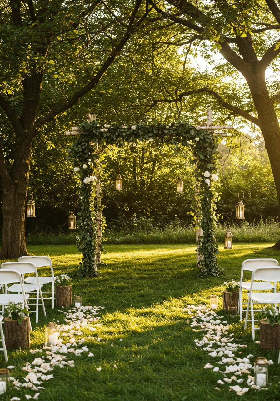 Natural wedding ceremony arch made of birch branches and ivy in sun-dappled woodland grove