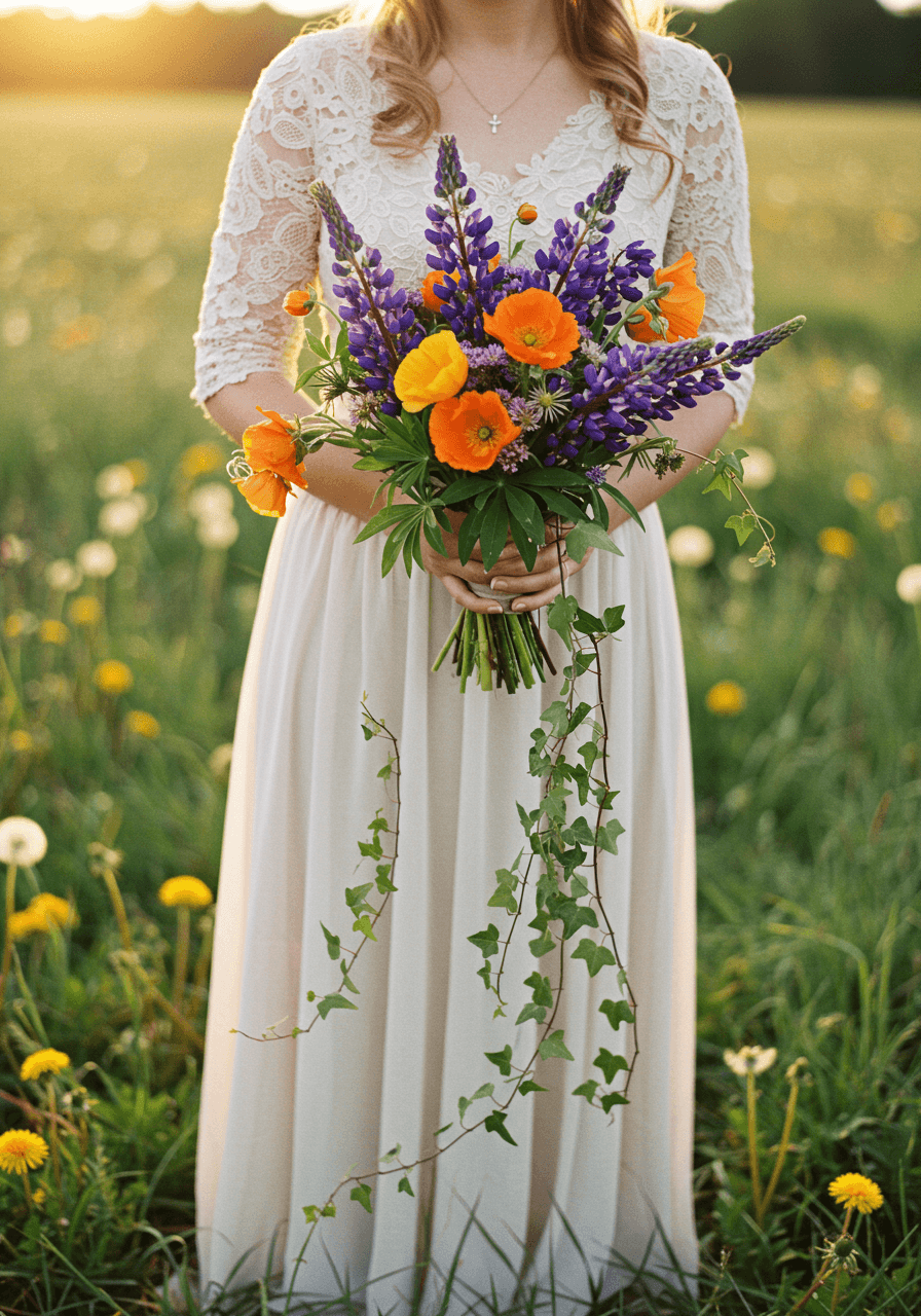 Bride holding abundant wildflower bouquet against chest in golden hour meadow light